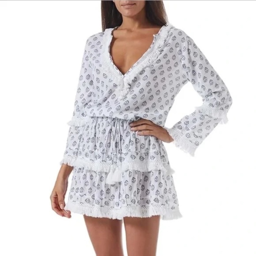 Melissa Claudia Odabash White & Blue Aztec Print Fringe Mini or Coverup-Sz M